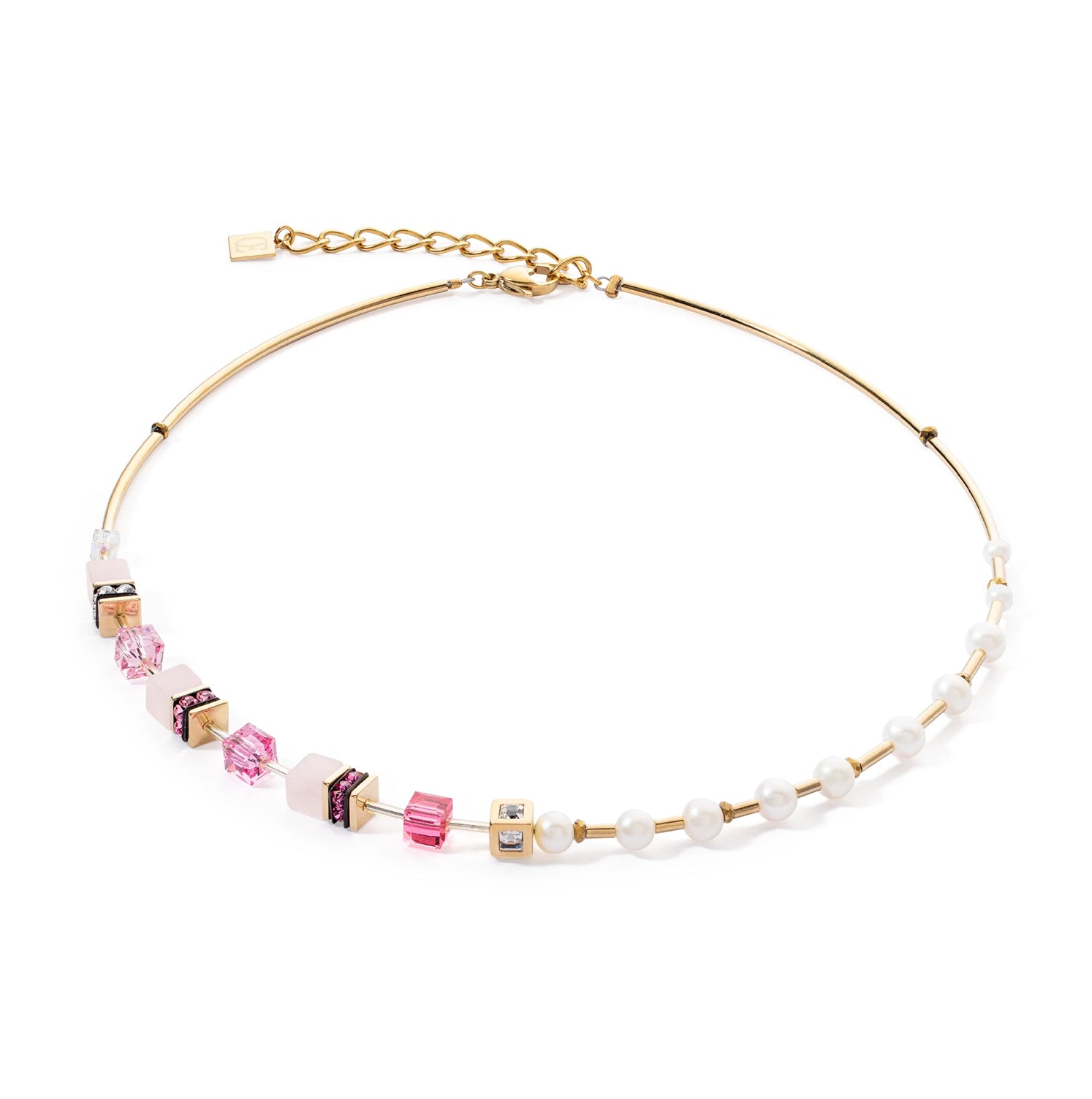 COEUR DE LION - Halskette GeoCUBE® Fusion Precious Pearl Mix pink Edelstahl vergoldet